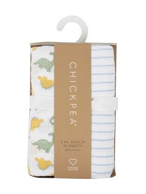 Chick Pea Baby Boy Muslin Blankets - Dinosaur Print & Blue Stripe Print